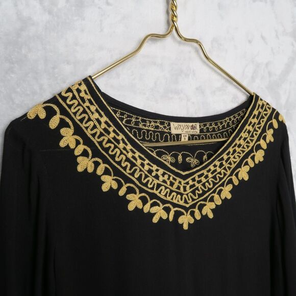 WAYAN NATURAL WEAR Black Tunic Dress Size S Floral Embroidered Bell Sleeves - Picture 7 of 11